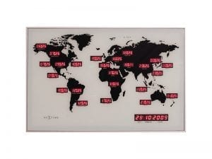 A stunning world map in black showing the time across the globe in red digital numbers