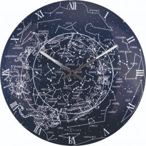 Interesting and informative wall clock, showing some of the constellations in our galaxy in white over dark blue