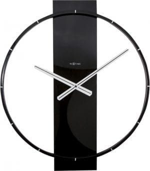 A very striking clock, made from wood and steel, with a black stripe dominating the centre of the clock and silver-coloured hands