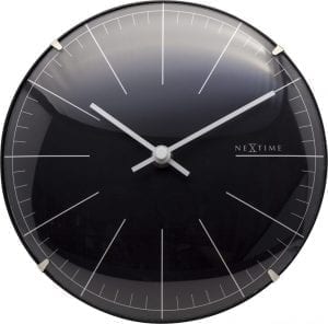 The black face with white hands and stripes is enclosed by a glass dome to give a modern finish to this wall clock