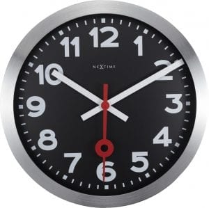 This is a very easy to read wall clock, with clear numbers and hands, siting in a silver case.