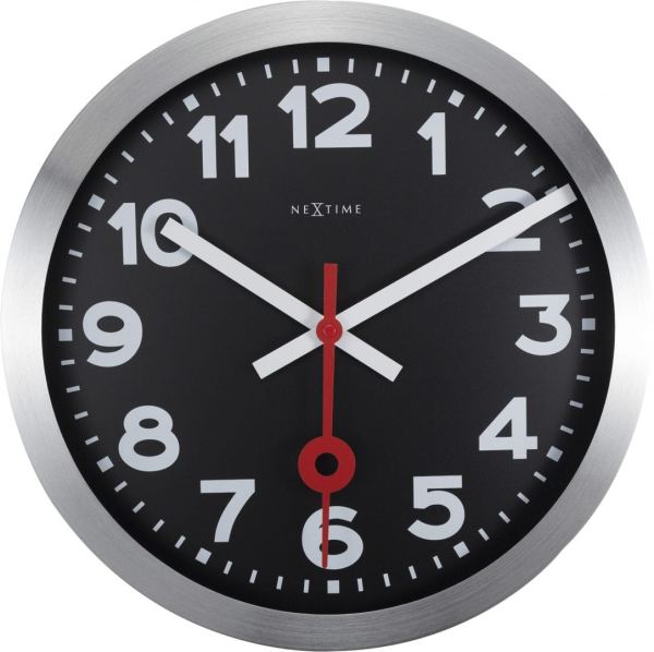 This is a very easy to read wall clock, with clear numbers and hands, siting in a silver case.