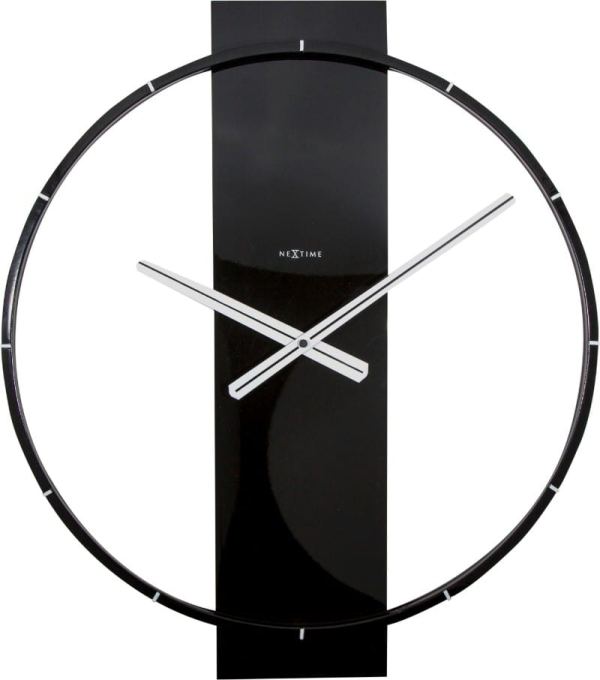 A very striking clock, made from wood and steel, with a black stripe dominating the centre of the clock and silver-coloured hands