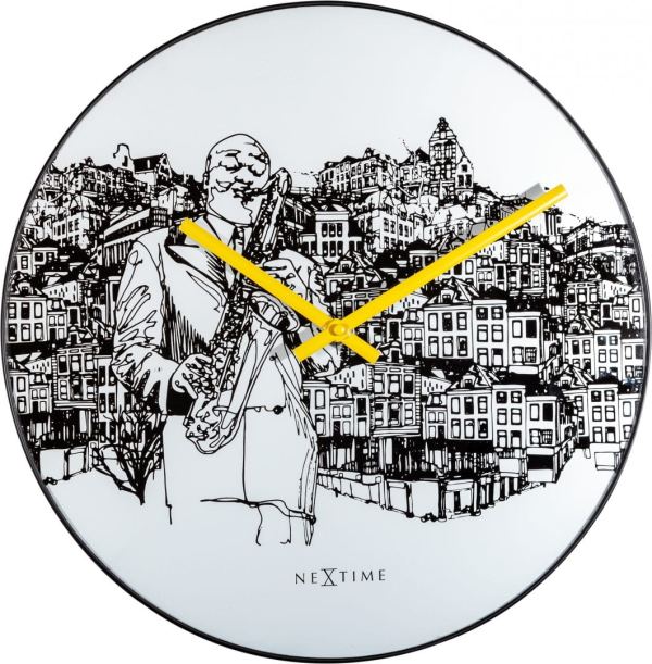 A saxophonist standing in front of a cityscape provides the detail for this unusual wall clock