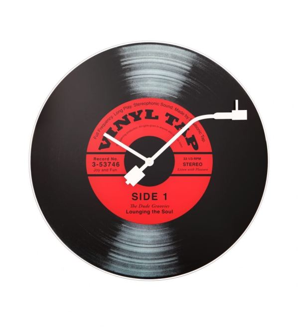 A truly funky wall clock, styled as a red-labelled wax recording, with the pick-up forming the hands,.