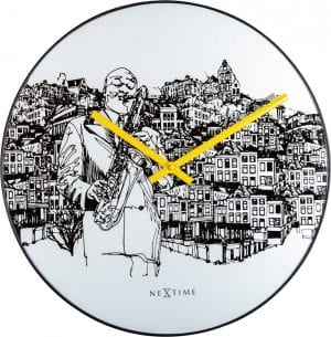A saxophonist standing in front of a cityscape provides the detail for this unusual wall clock