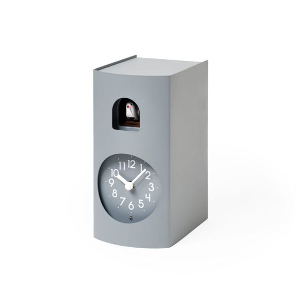 Grey bockoo, a clock styled on a book, with white accents and a cute little bird