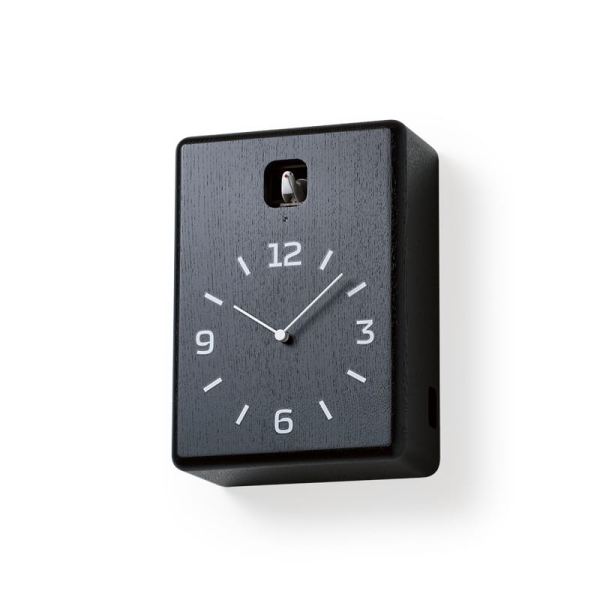 A black ash birdhouse, with white numbers and hands, and a cute little cuckoo to mark the hour