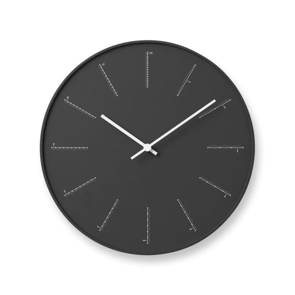 Quirky design of the hour markers, representing the passing of time during the day, in black