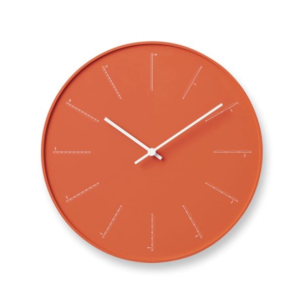 Bright orange face with unusual divided hour markers which depict the passing of time