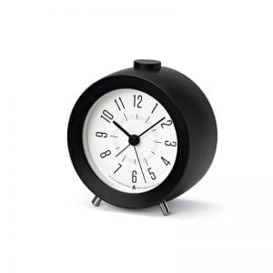 Small but functional black alarm clock with white face.