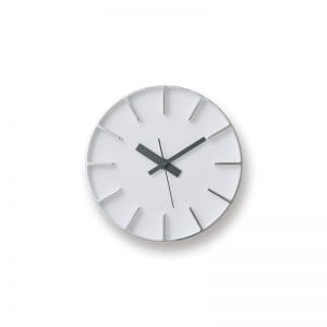 diminutive white aluminium clock with polished markers and black hands