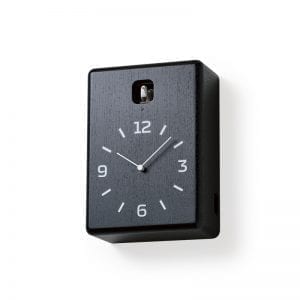 A black ash birdhouse, with white numbers and hands, and a cute little cuckoo to mark the hour