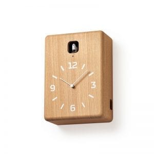 a natural wood finish with white numbers and a cheeky little cuckoo to announce the hour