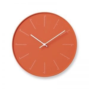 Bright orange face with unusual divided hour markers which depict the passing of time