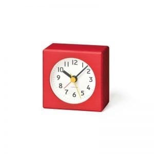 Cute little alarm clock in red beech, the alarm and second hands add further colour to the white and black clock face