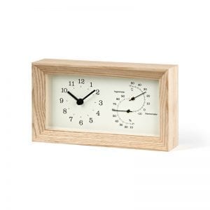 Off white face featuring thermometer and hygrometer, set within a natural ash frame