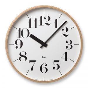 Large Riki Clock with clear easy to read numbers in black, and a natural plywood frame