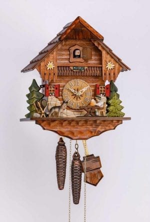 red and green colours highlight this clock which features a drinking woodcutter and his german shepherd