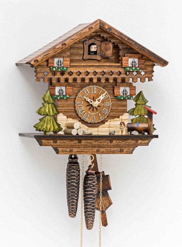 small, more simply designed cuckoo clock featuring dog outside chalet
