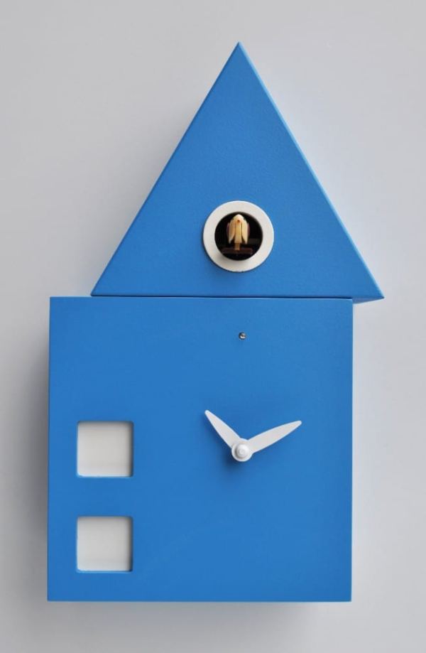 blue cuckoo clock in the style of a house