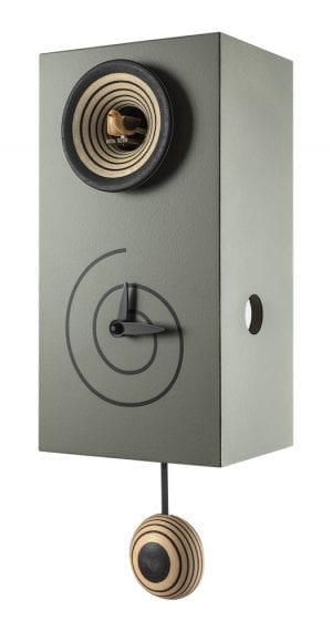 grey boxy wall clock with black spiral and hands, and a quirky pendulum