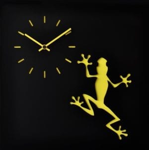 Black with yellow clock and frog image