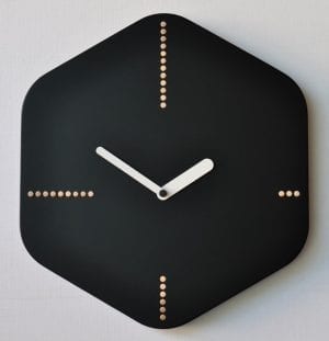 Hexagon in black with wooden pegs on the quadrants