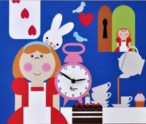 Alice in Wonderland clock in multicolours on MDF, including Alice, the white rabbit and a clock