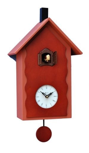 terracotta red with cherry coloured front pannel, in form or a bird house