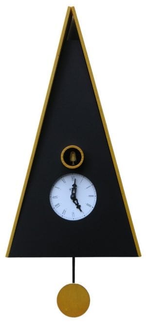 black alpine chalet shaped clock with yellow roof
