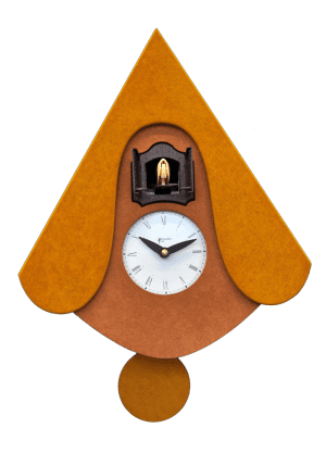 soft curved eaves to roof give this clock a gentle look, in natural wood with yellow roof
