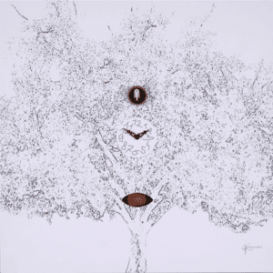 Black and White, with a tree image, and cuckoo centered in the tree