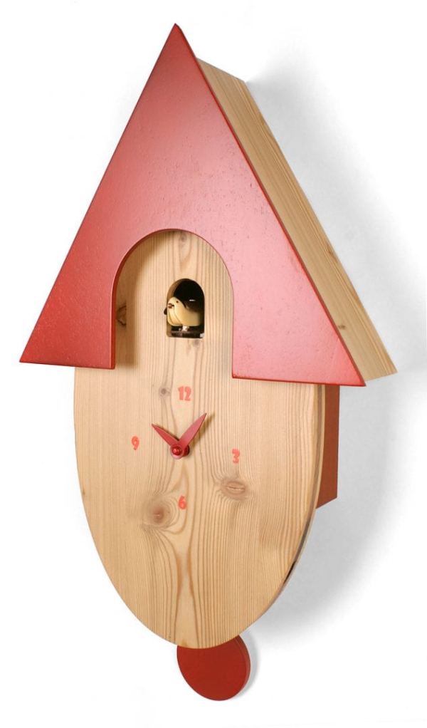natural wood clock with red roof and pendulum, face and hands