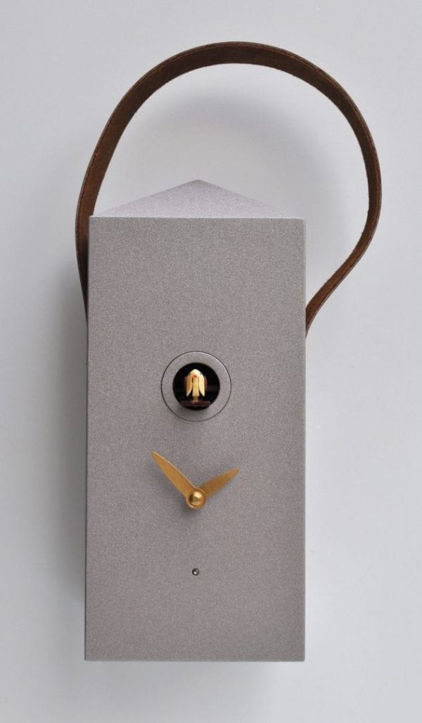 rectangular clock in silver grey with leather strap, in the form of a lantern