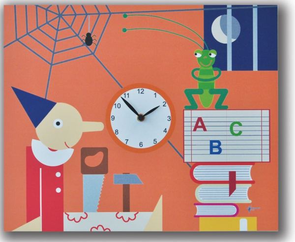 A children's clock showing pinocchio in the workshop, with a barred window onto the night sky