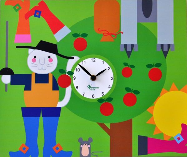 Clock depicting the story of puss in boots, mostly green background