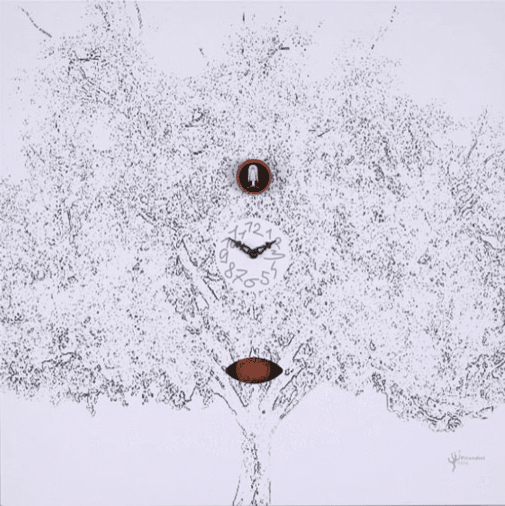 Black and White, with a tree image, and cuckoo centered in the tree