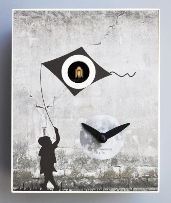 Cuckoo clock in the style of Banksy, image of child with kite on grey
