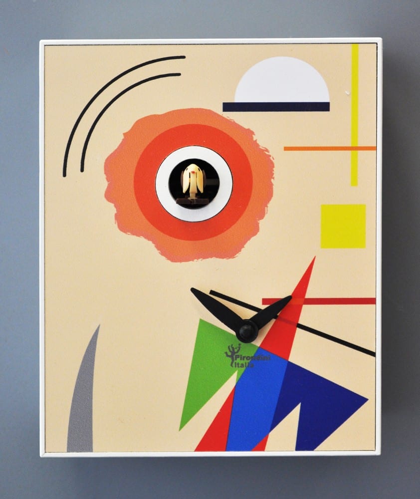 cuckoo clock inspired by Kandinsky, with multiccloured design on cream background