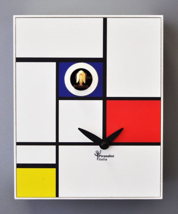 Mondrian inspired clock with cuckoo appearing from the blue rectangle