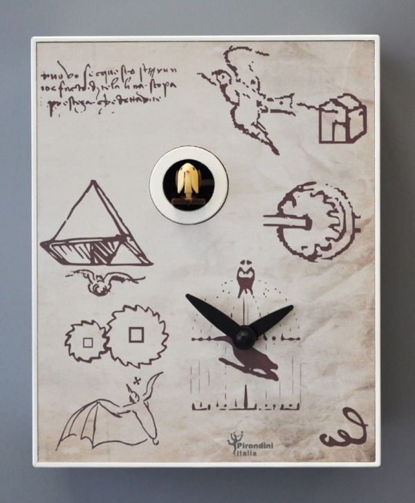 Clock design based on drawings of Leonarda da Vinci, in grey laquered mdf, and a cuckoo to add to the effect!