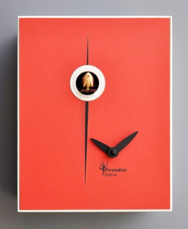 Unusual red laquered MDF clock, with cuckoo
