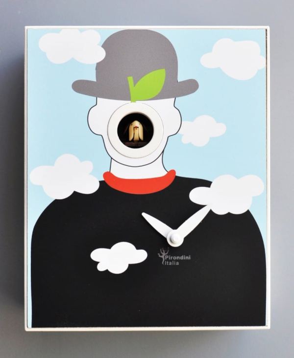 Cuckoo clock based on a design by Magritte, a cuckoo replaces the face of the bowler hatted man