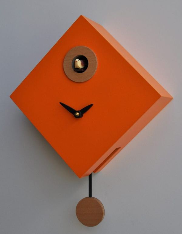 Orange diamond shaped clock with cuckoo, a fun simple and fun clock