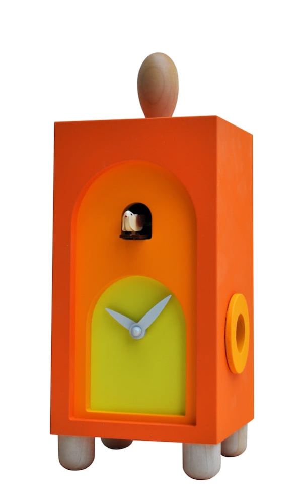 Chunky orange and yellow clock with natural wood detail