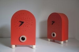 Cuckoo clock inspired by Marconi and the invention of the radio in red with wooden detail