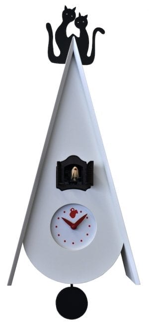 White birdhouse shaped cuckoo clock with cat detail