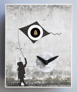 Cuckoo clock in the style of Banksy, image of child with kite on grey