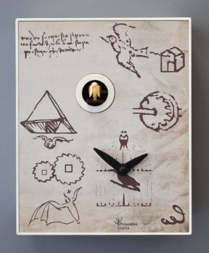 Clock design based on drawings of Leonarda da Vinci, in grey laquered mdf, and a cuckoo to add to the effect!